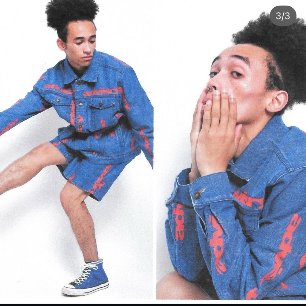Denim Jacket with Red Accents Y2K designer graphic